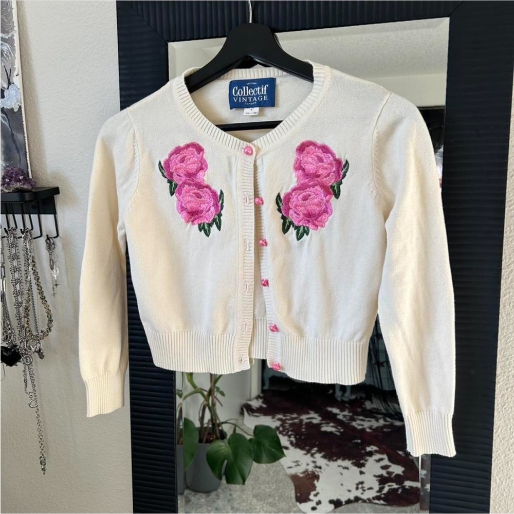 Collectif Cream Cardigan with Pink Rose Embroidery